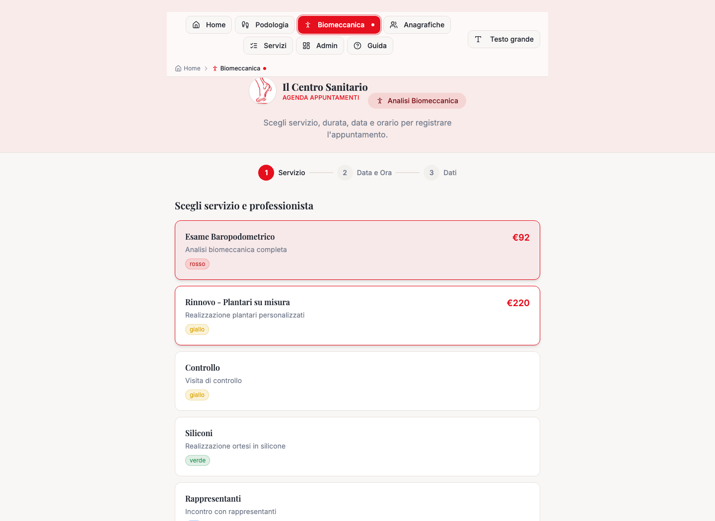 Percorso dimostrativo di prenotazione per analisi biomeccanica