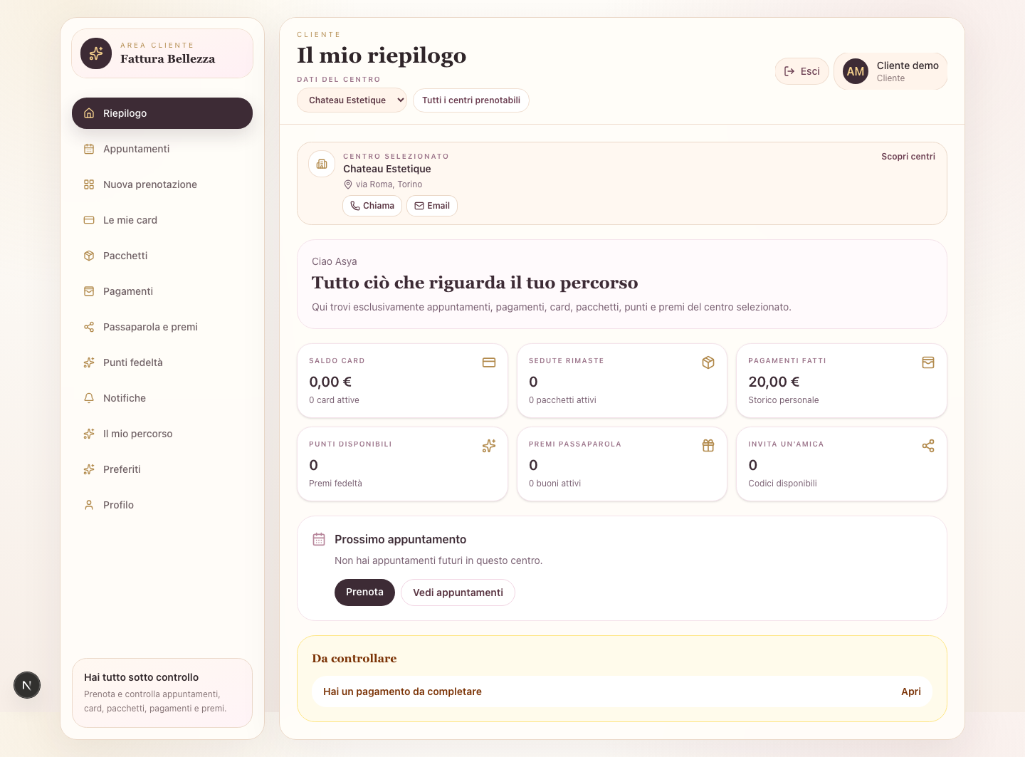 Dashboard cliente demo della piattaforma Fattura Bellezza