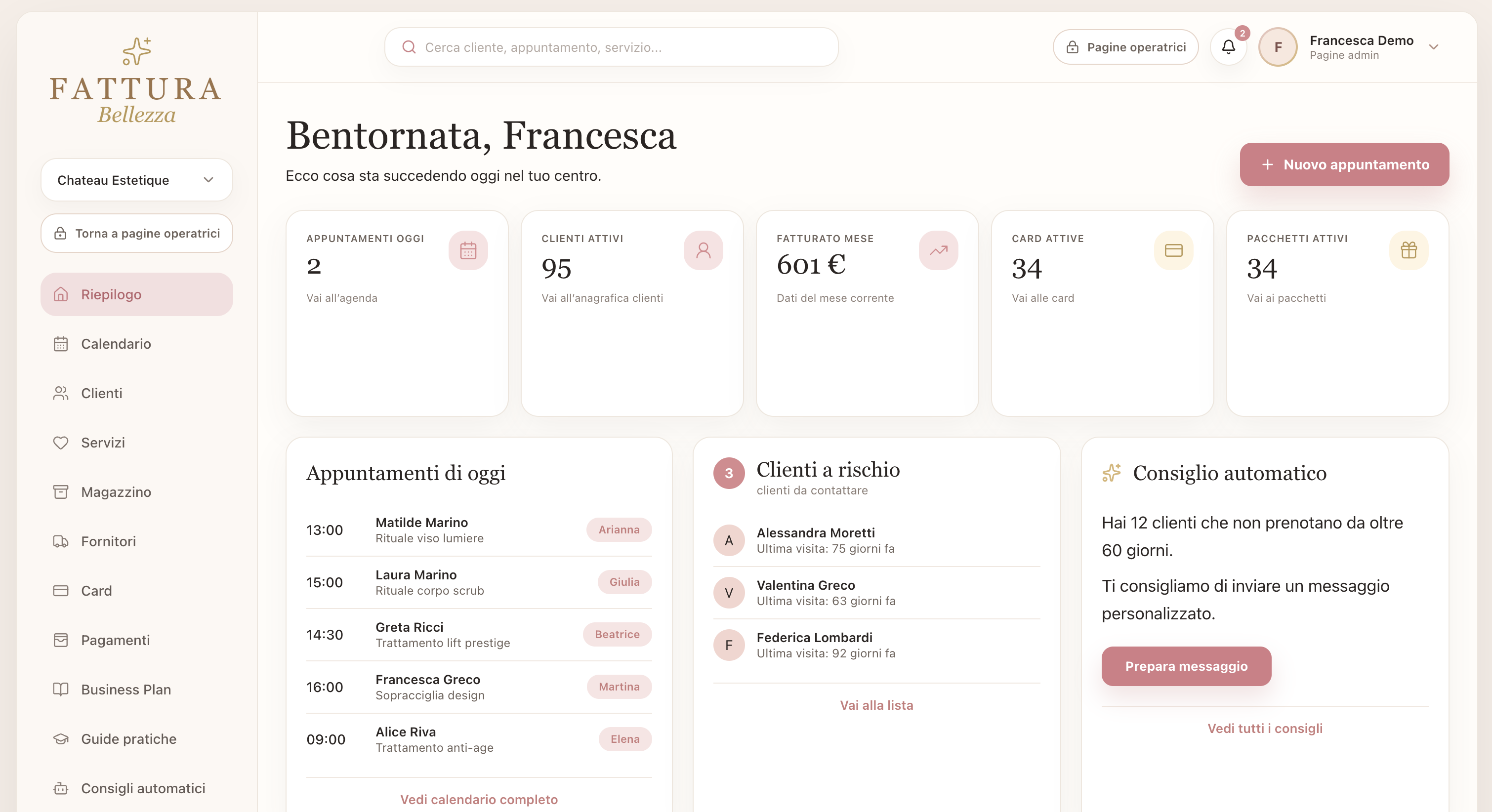 Dashboard del gestionale per centro estetico nella piattaforma Fattura Bellezza