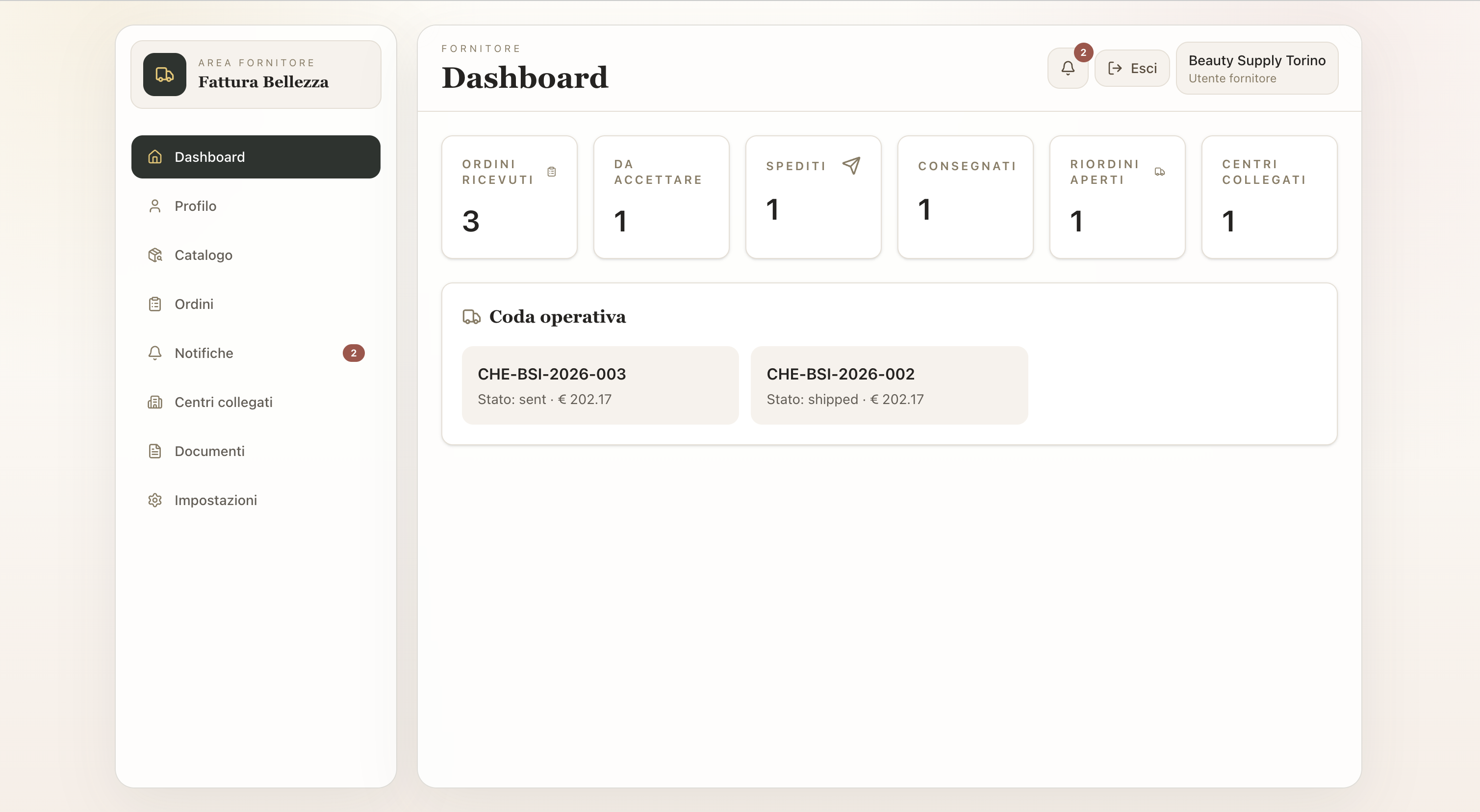 Dashboard dell'area fornitore nella piattaforma Fattura Bellezza